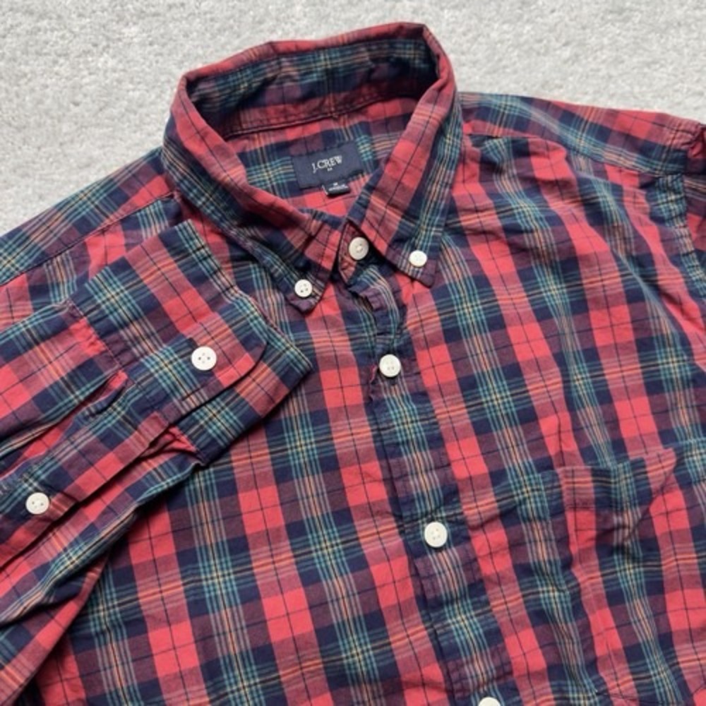 J.Crew Mens Medium Plaid Button Down Shirt Red Navy Green Long Sleeve Cotton